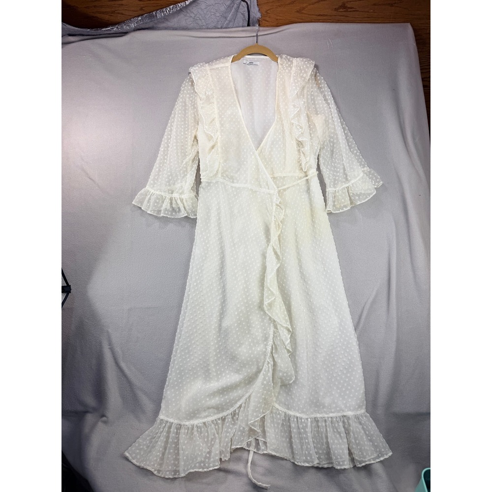 Ganni Jasmine Swiss Dot Wrap Midi Dress Cream White Ruffle Size 40 US 8-10